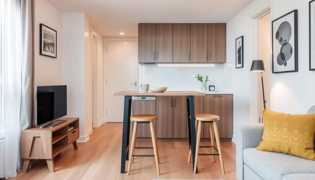 Ruimtebesparende hoge tafel in een compact appartement met hoge tafel en stoelen Ruimtebesparende hoge tafel in een compact appartement met hoge tafel en stoelen