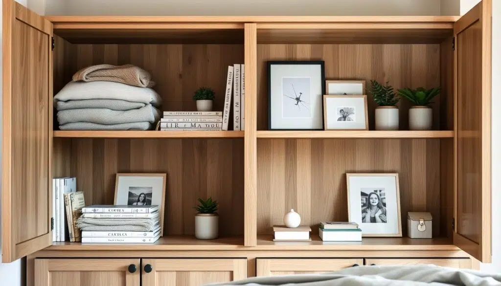 Rustgevend gestylde open kasten in een slaapkamer Rustgevend gestylde open kasten in een slaapkamer