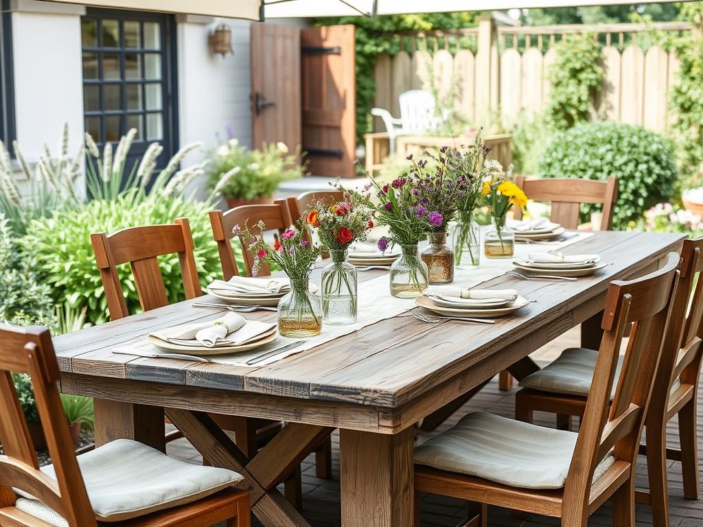 Rustieke eettafels buiten met landelijke styling in een Nederlandse tuin Rustieke eettafels buiten met landelijke styling in een Nederlandse tuin