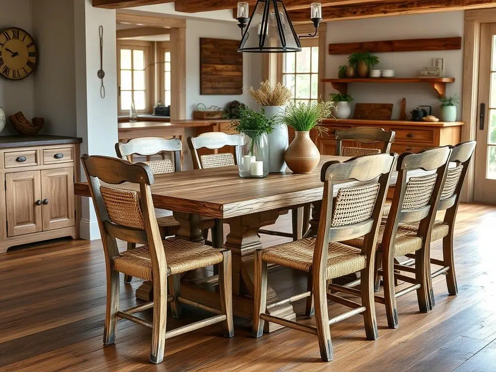 Rustieke houten stoelen met rieten zitting bij een steigerhouten eettafel, stoelen bij houten eettafel Rustieke houten stoelen met rieten zitting bij een steigerhouten eettafel, stoelen bij houten eettafel
