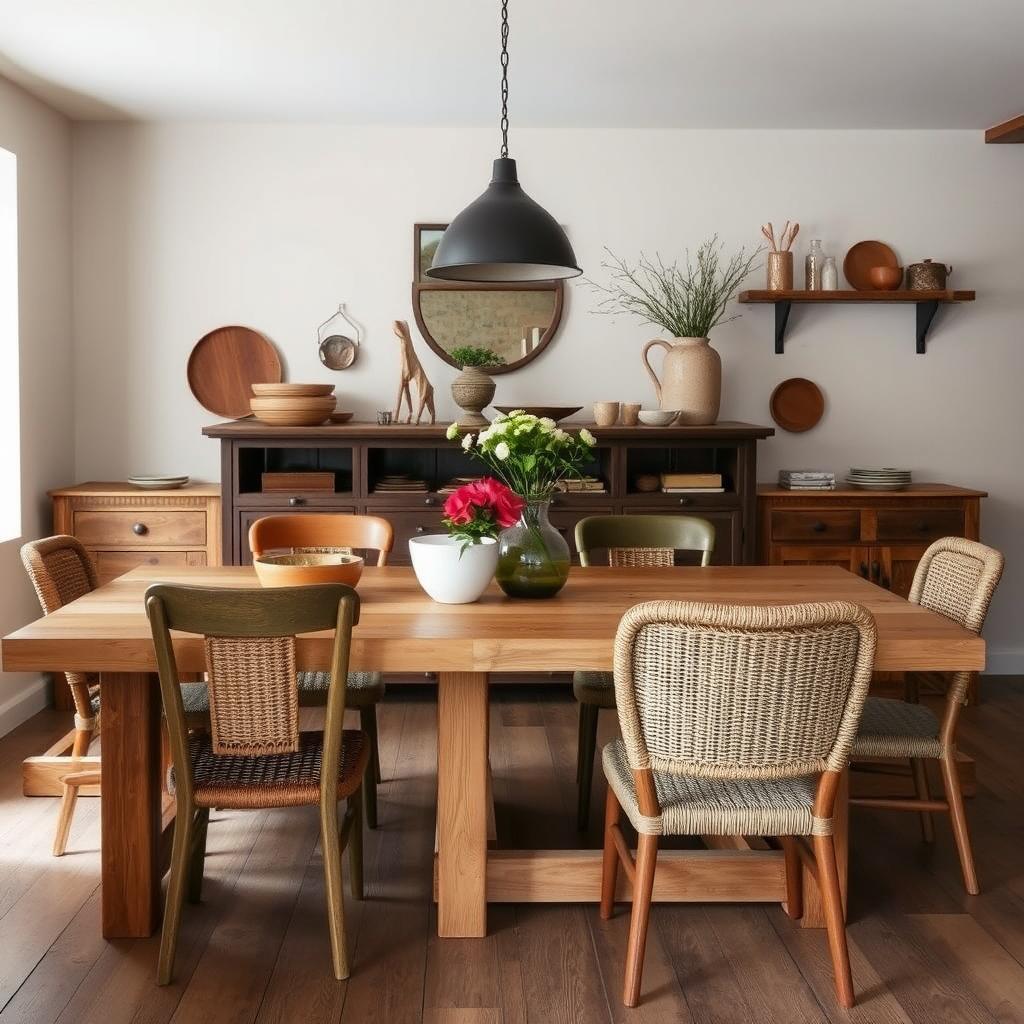 Rustieke stoelen in aardse tinten bij een eikenhouten eettafel Rustieke stoelen in aardse tinten bij een eikenhouten eettafel
