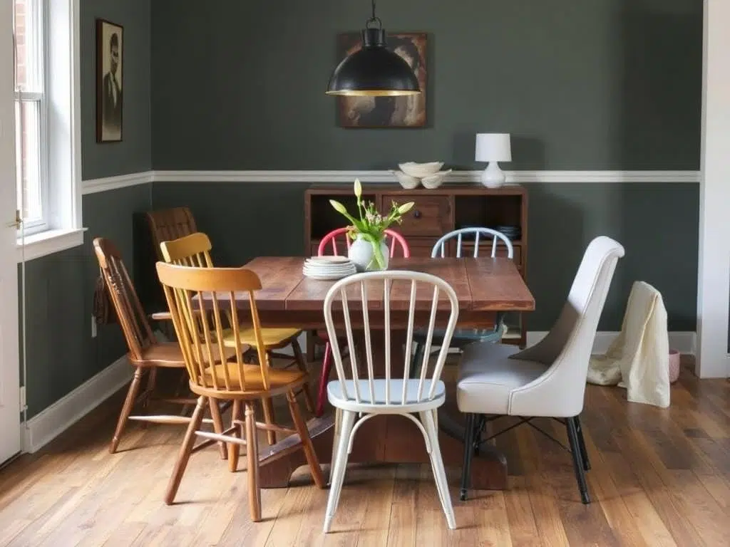 Rustieke tafel met mix van stoelen Rustieke tafel met mix van stoelen