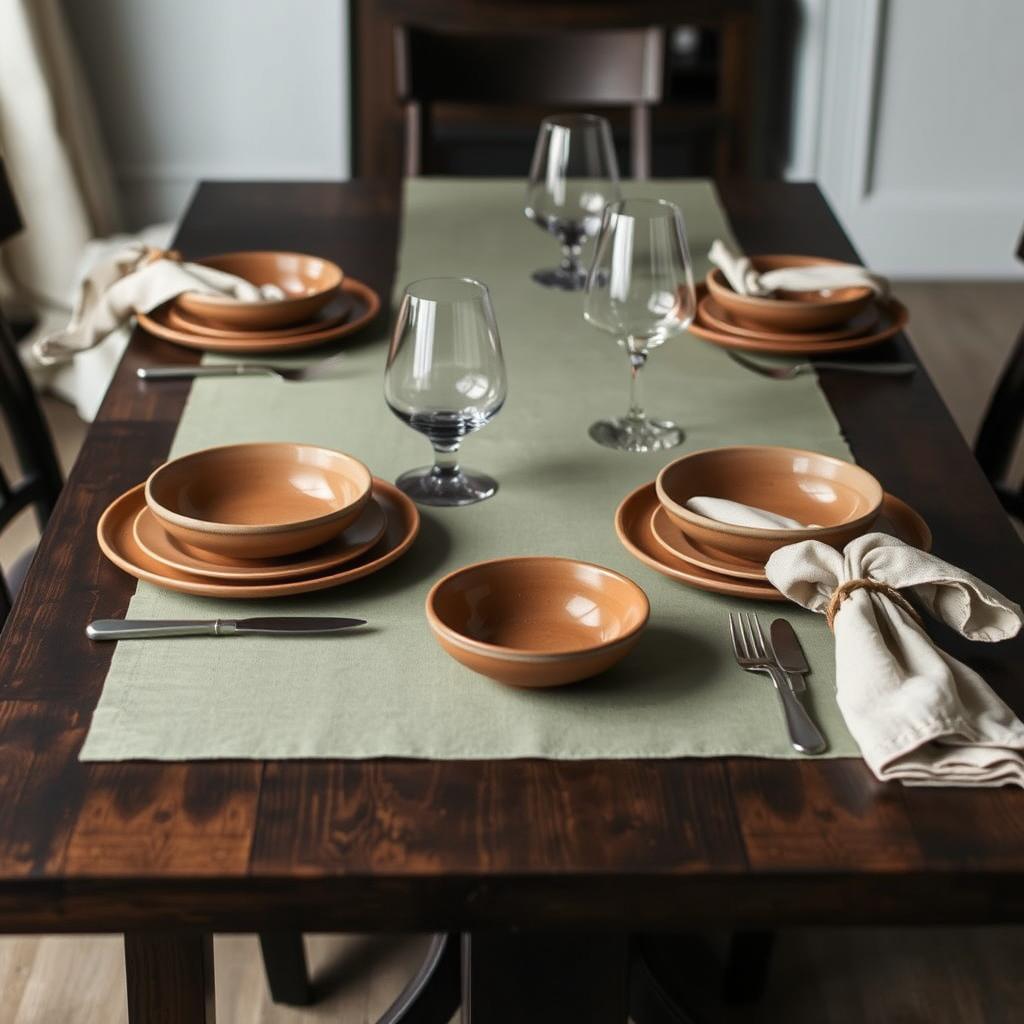 Sagegroen met aardetinten rond een donkerbruine tafel Sagegroen met aardetinten rond een donkerbruine tafel