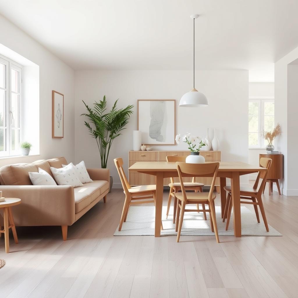 Scandinavisch interieur met lichtbruine bank en lichte eetkamerstoelen Scandinavisch interieur met lichtbruine bank en lichte eetkamerstoelen