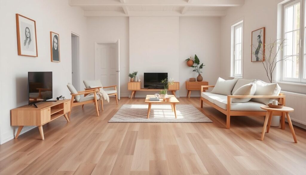 Scandinavisch interieur met lichte meubels op een houten vloer
