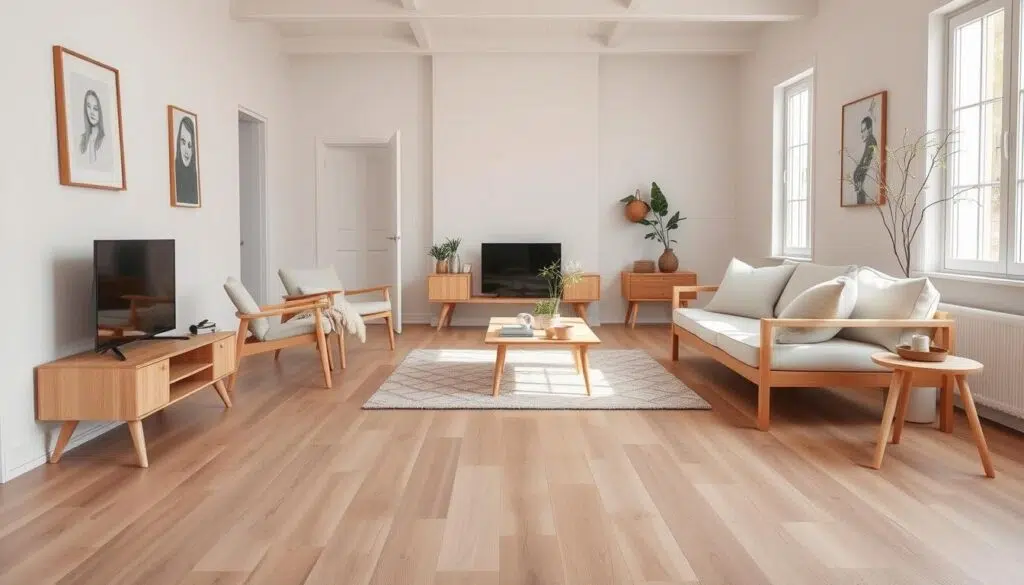 Scandinavisch interieur met lichte meubels op een houten vloer Scandinavisch interieur met lichte meubels op een houten vloer