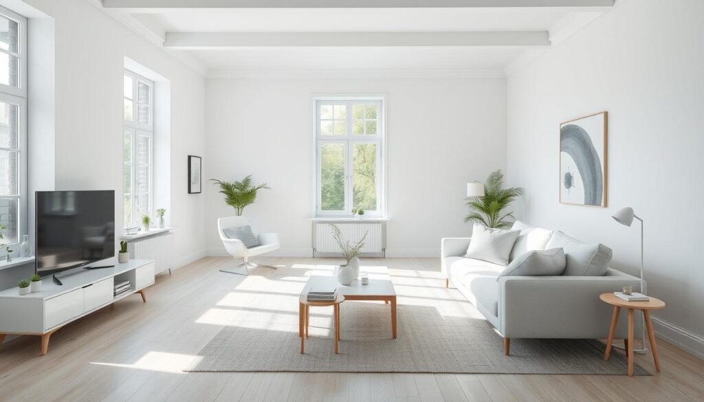 Licht Scandinavisch interieur met een bank, tafel en planten in een woonkamer.