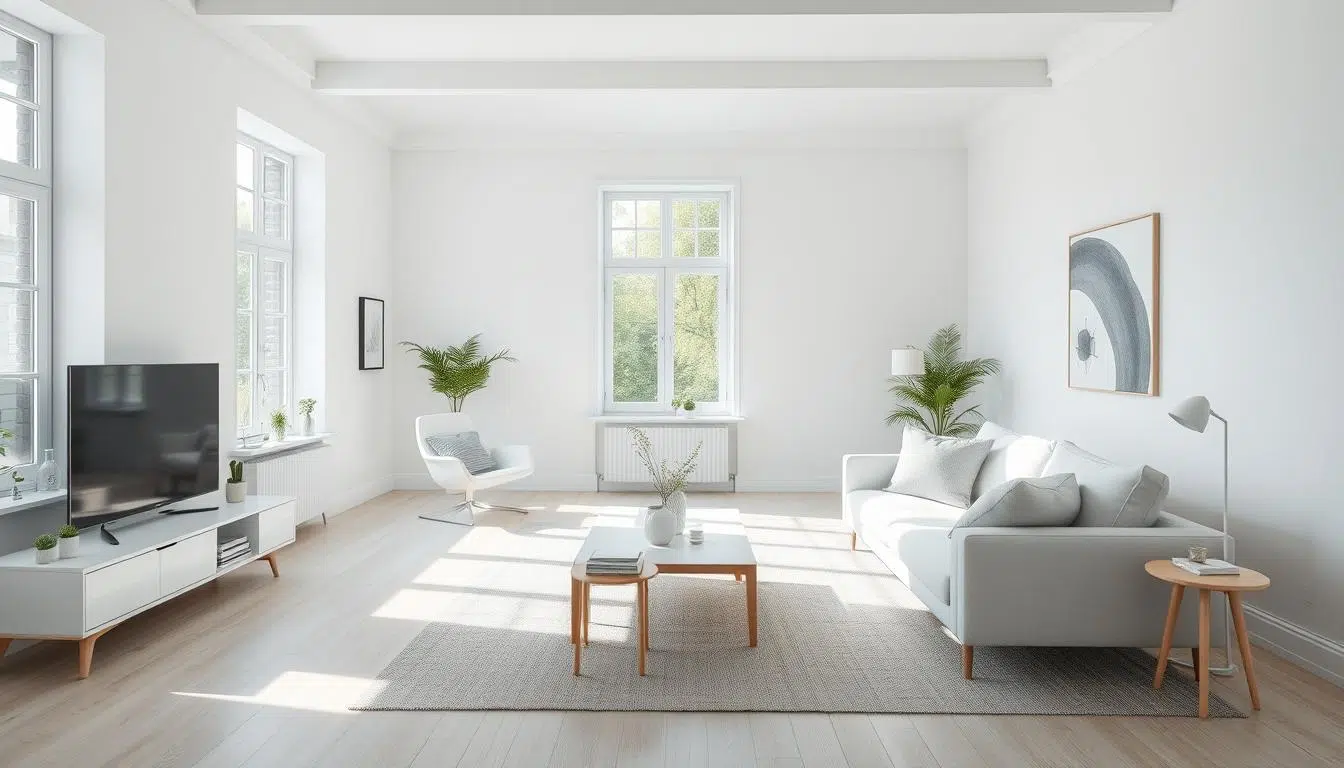 Scandinavisch interieur met typische lichte kleuren, wit, grijs en natuurlijke houttinten
