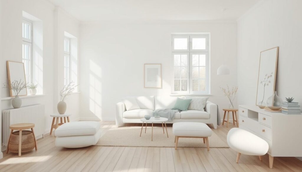 Scandinavisch interieurdesign kleurenpalet met witte muren en pastelaccenten Scandinavisch interieurdesign kleurenpalet met witte muren en pastelaccenten