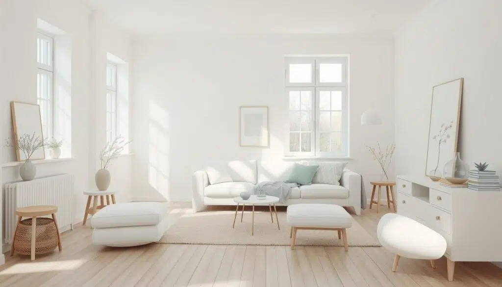 Scandinavisch interieurdesign kleurenpalet met witte muren en pastelaccenten Scandinavisch interieurdesign kleurenpalet met witte muren en pastelaccenten