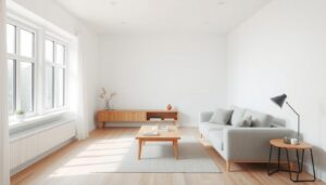 Woonkamer met een lichte bank, houten tafel en een lamp in Scandinavische stijl.