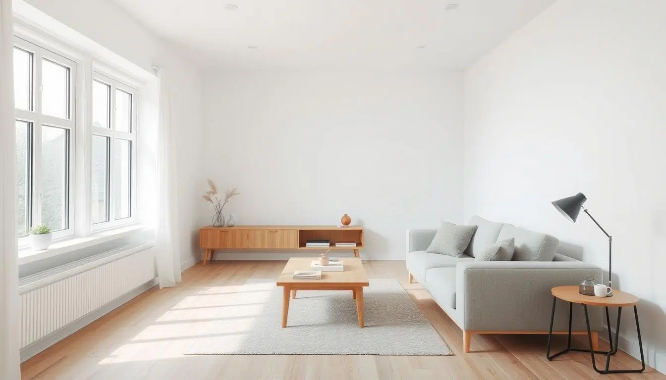 Scandinavisch interieurdesign woonkamer met lichte kleuren en houten elementen