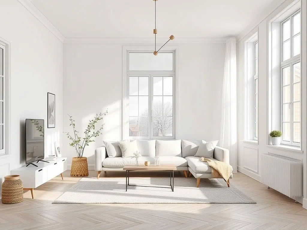Scandinavisch kleurenpalet met wit, beige en grijstinten in een woonkamer Scandinavisch kleurenpalet met wit, beige en grijstinten in een woonkamer