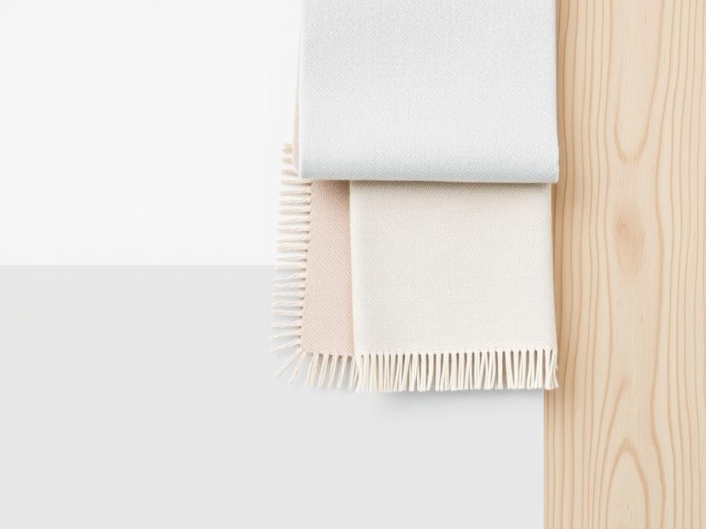 Scandinavisch kleurpalet met lichte houten vloer, witte muren en natuurlijke materialen zoals wol en leer Scandinavisch kleurpalet met lichte houten vloer, witte muren en natuurlijke materialen zoals wol en leer