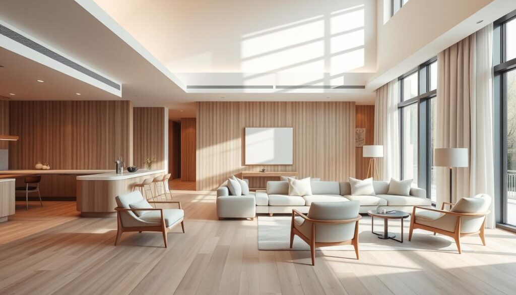 Scandinavisch luxe hotelinterieur met lichte kleuren en natuurlijke materialen