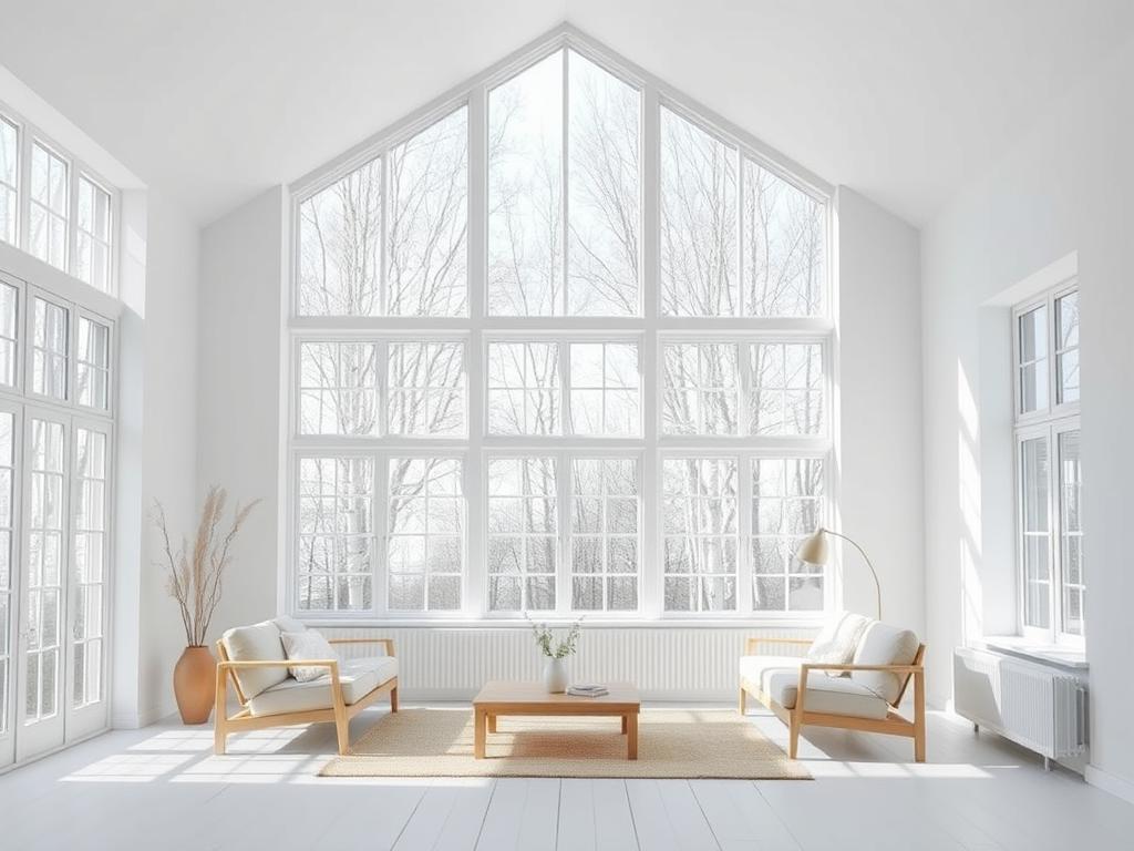 Scandinavisch wit interieur met optimale lichtreflectie door grote ramen Scandinavisch wit interieur met optimale lichtreflectie door grote ramen