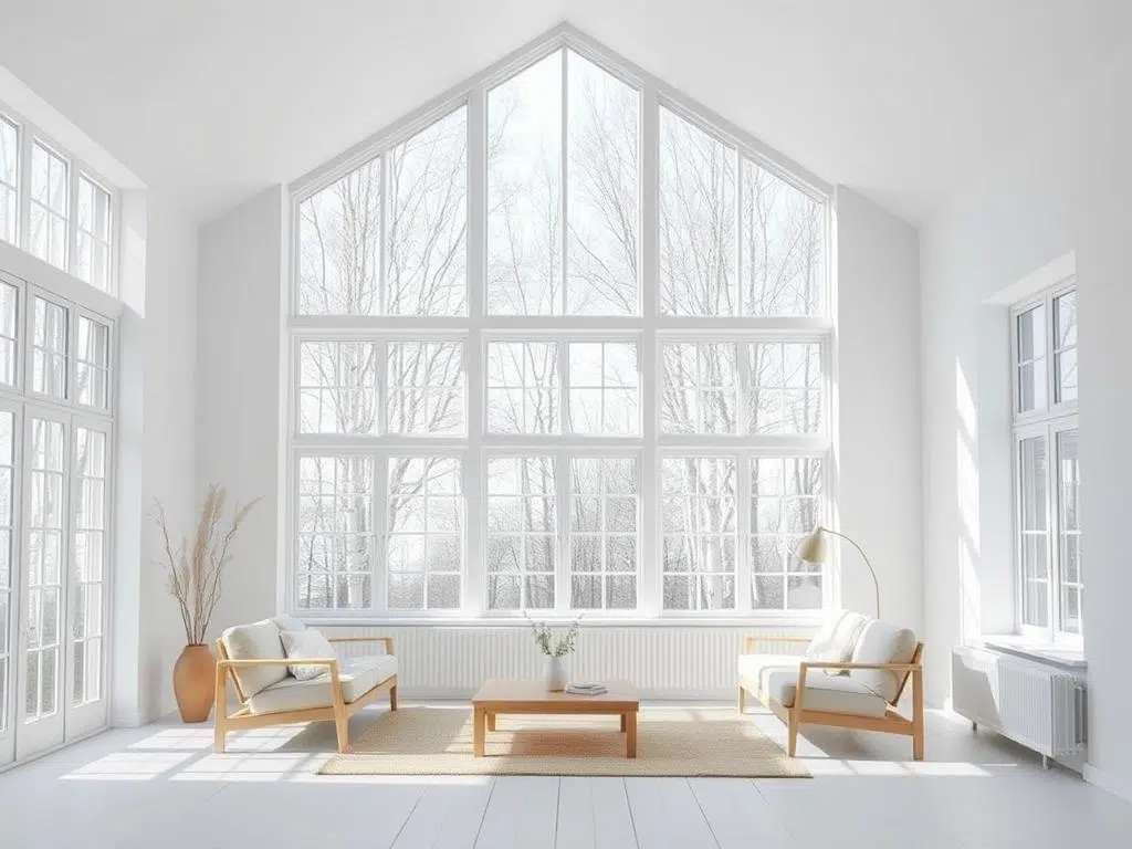 Scandinavisch wit interieur met optimale lichtreflectie door grote ramen Scandinavisch wit interieur met optimale lichtreflectie door grote ramen