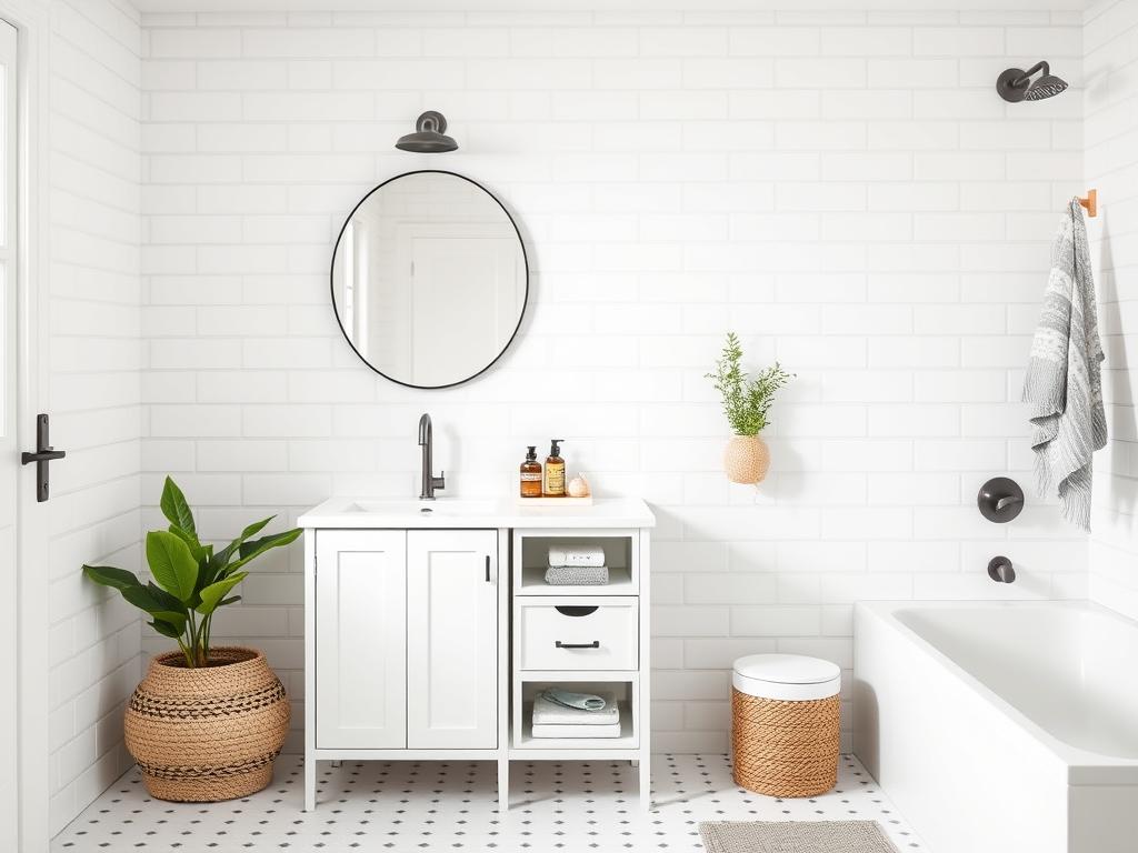 Scandinavische badkamer met witte tegels en houten accenten