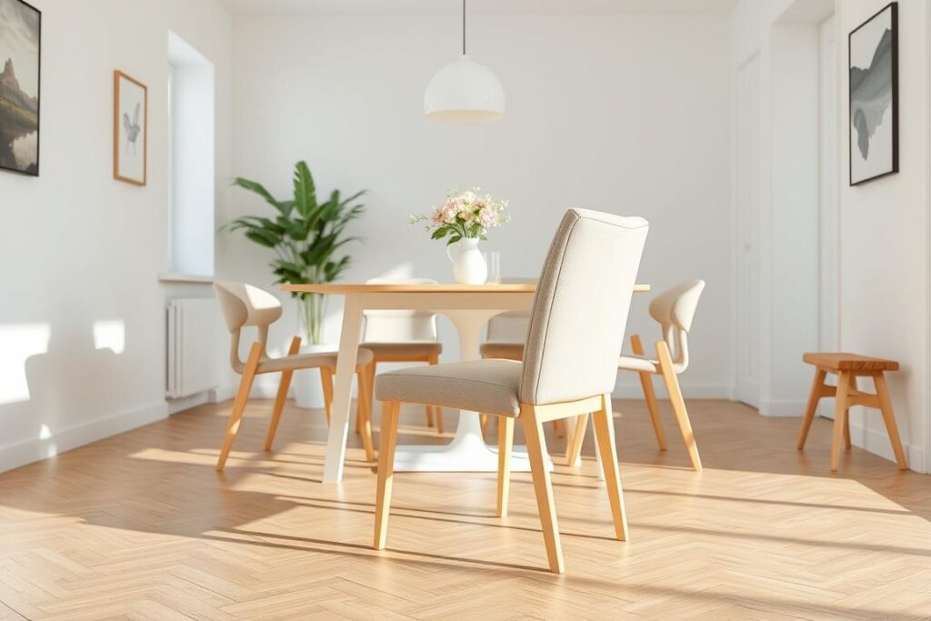 Scandinavische eetkamerstoel zonder armleuningen in lichte kleuren