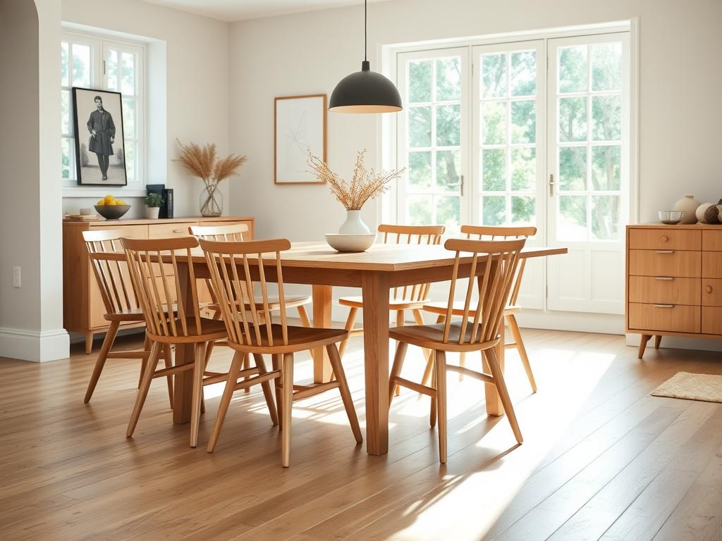 Scandinavische eetkamerstoelen bij eikenhouten tafel