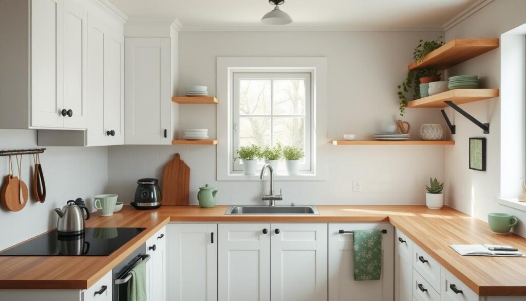 Scandinavische keuken met houten elementen en zachtgroene accenten Scandinavische keuken met houten elementen en zachtgroene accenten