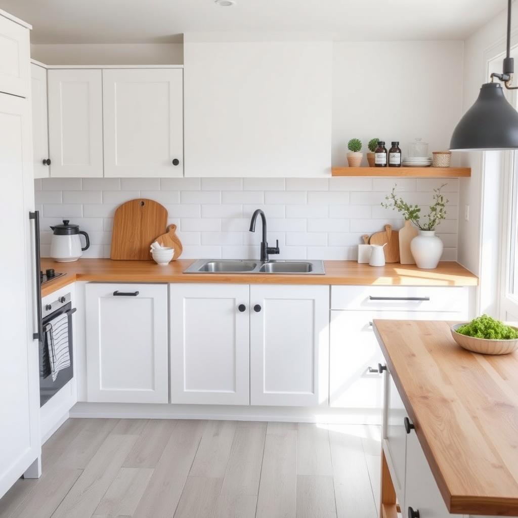 Scandinavische keuken met witte kasten en houten werkblad Scandinavische keuken met witte kasten en houten werkblad