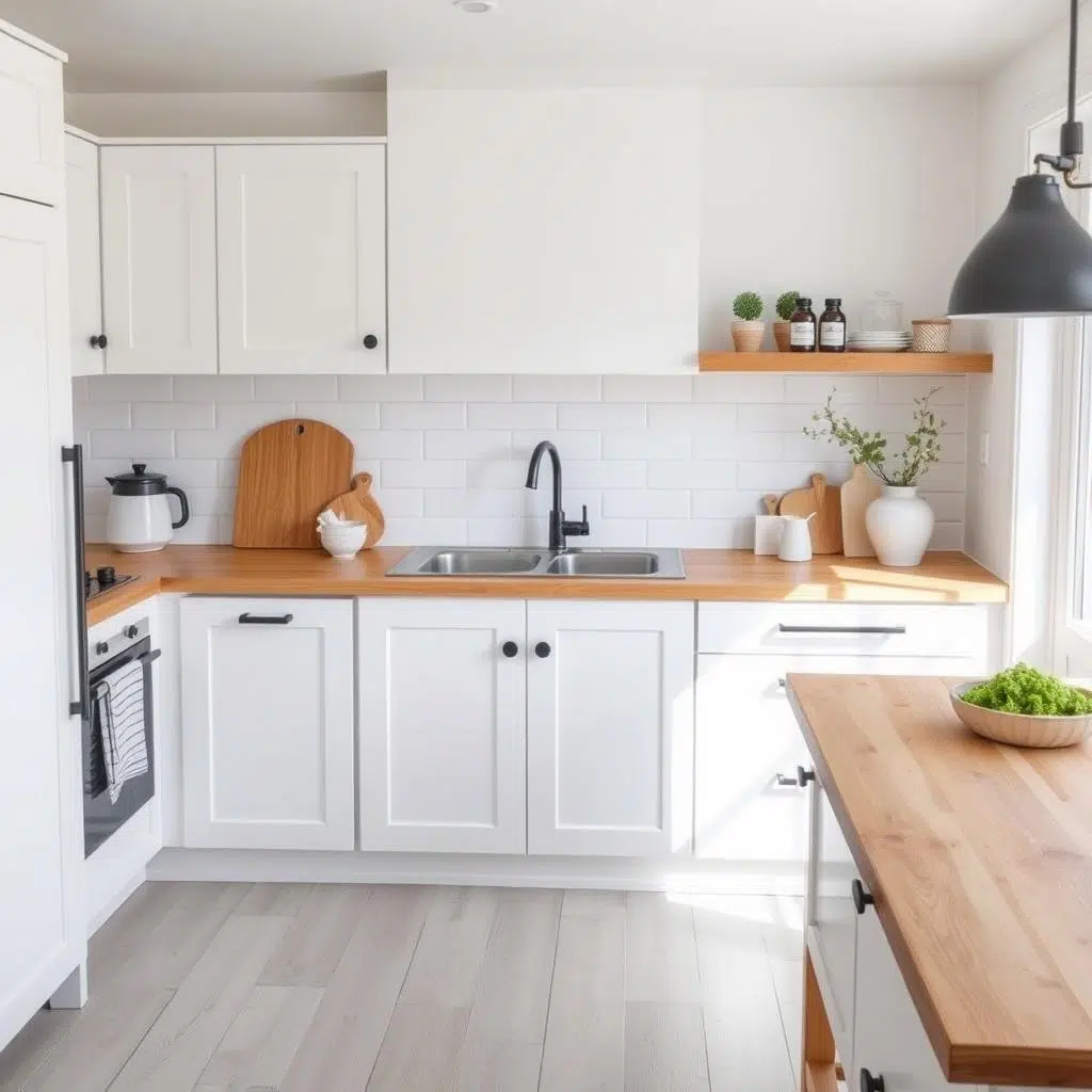 Scandinavische keuken met witte kasten en houten werkblad Scandinavische keuken met witte kasten en houten werkblad