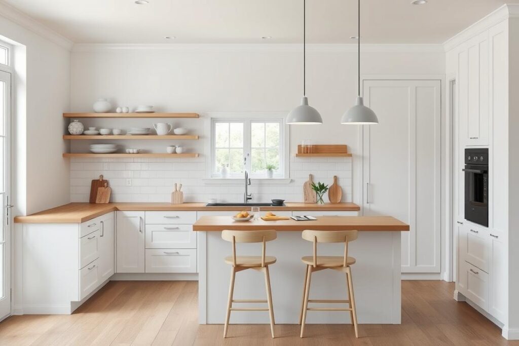 Scandinavische keuken met witte kasten en houten werkblad