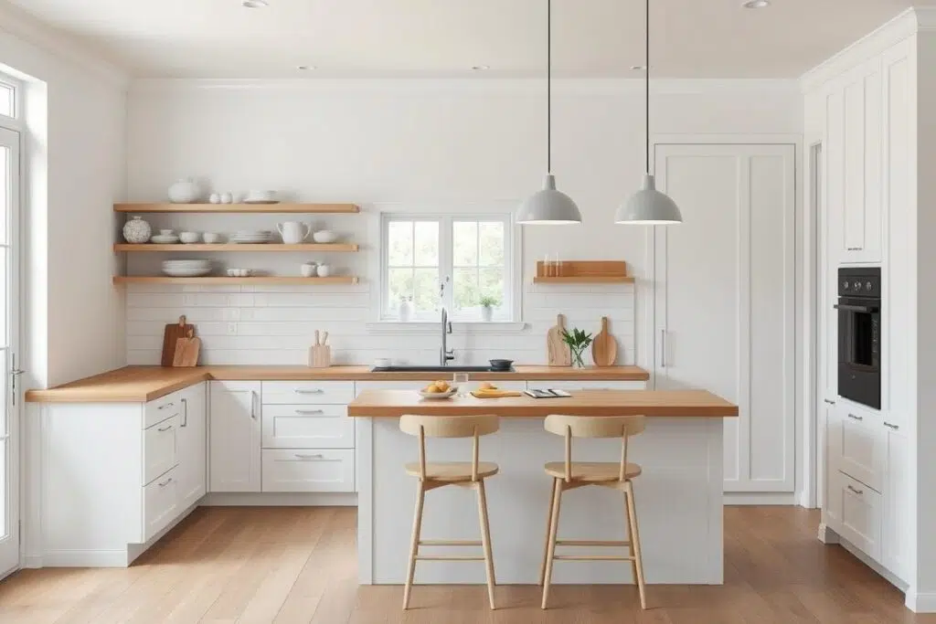 Scandinavische keuken met witte kasten en houten werkblad