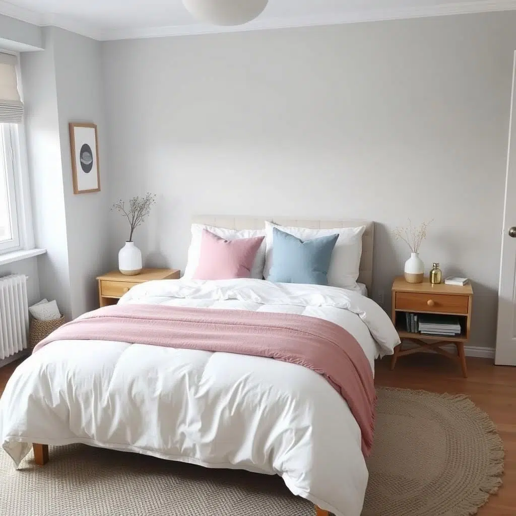 Scandinavische slaapkamer met lichtgrijze muren en textiel in pasteltinten Scandinavische slaapkamer met lichtgrijze muren en textiel in pasteltinten