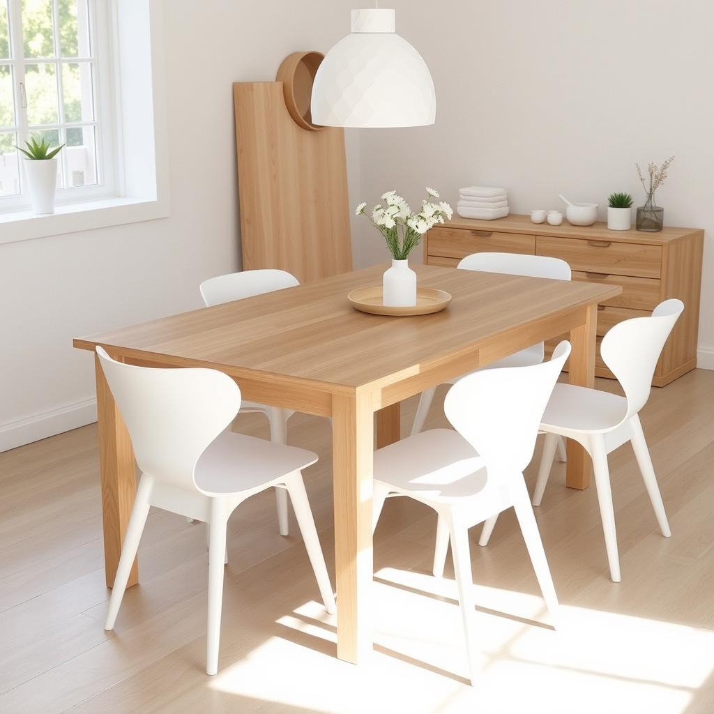 Scandinavische stijl eetkamerstoelen bij een lichte houten eettafel Scandinavische stijl eetkamerstoelen bij een lichte houten eettafel