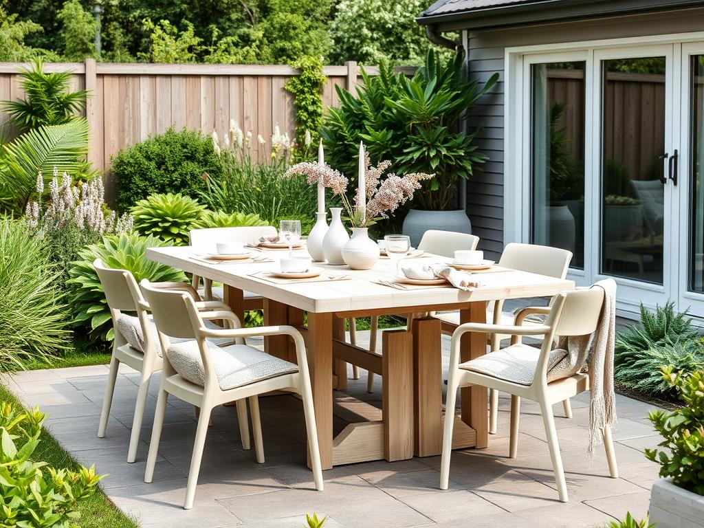Scandinavische tuintafel met minimalistische styling in een Nederlandse tuin Scandinavische tuintafel met minimalistische styling in een Nederlandse tuin