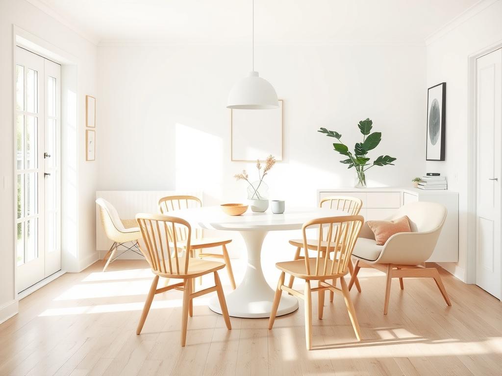 Scandinavische witte eettafel met lichthouten stoelen en enkele pastelkleurige accenten Scandinavische witte eettafel met lichthouten stoelen en enkele pastelkleurige accenten
