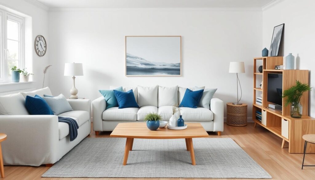 Scandinavische woonkamer met een harmonieuze combinatie van wit, grijs, hout en blauwe accenten