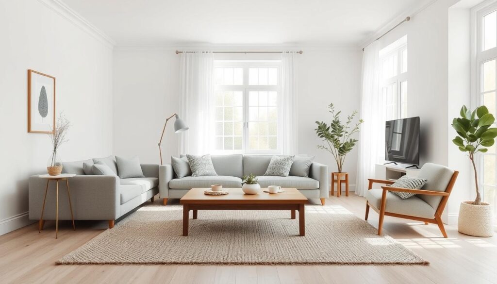 Scandinavische woonkamer met grijze bank en houten accenten