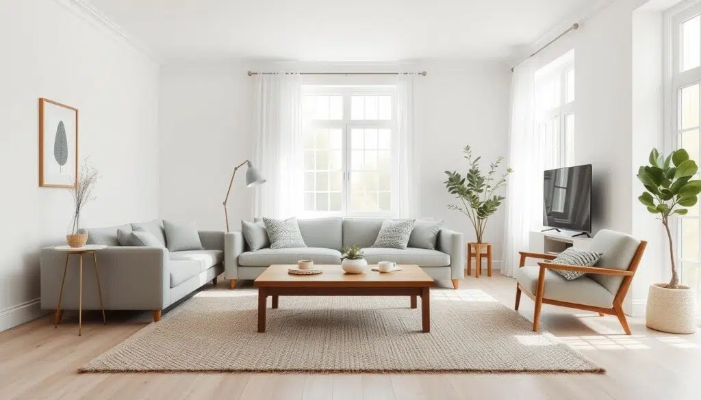 Scandinavische woonkamer met grijze bank en houten accenten