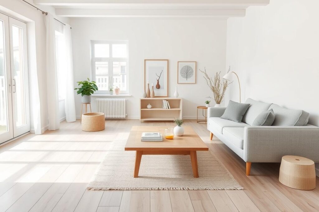 Scandinavische woonkamer met lichte houten vloer, witte muren en natuurlijke materialen Scandinavische woonkamer met lichte houten vloer, witte muren en natuurlijke materialen