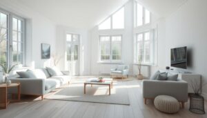 Lichte Scandinavische woonkamer met grote ramen en houten meubels, inclusief een bank en een salontafel.