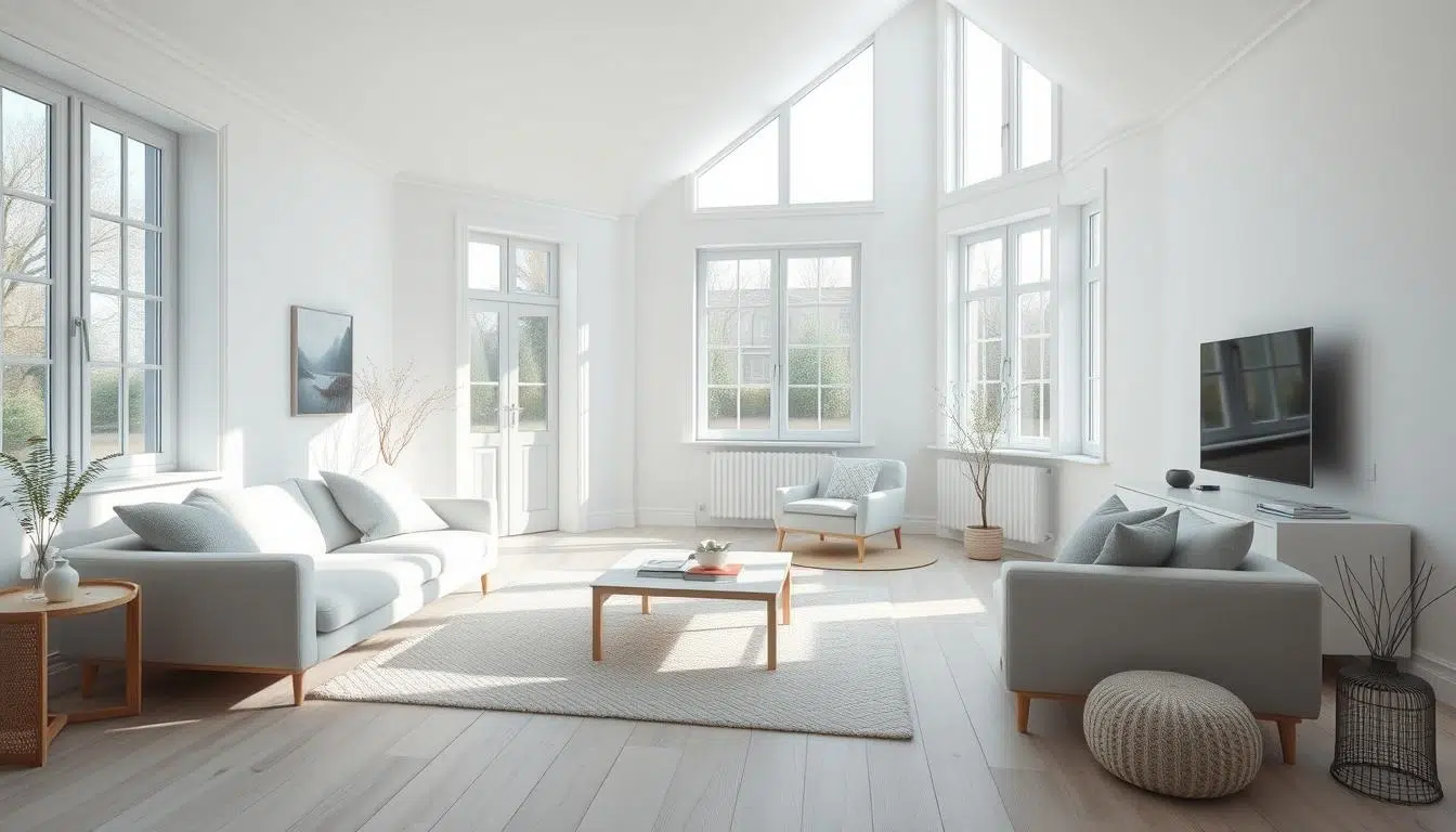 Scandinavische woonkamer met lichte kleuren en houten accenten
