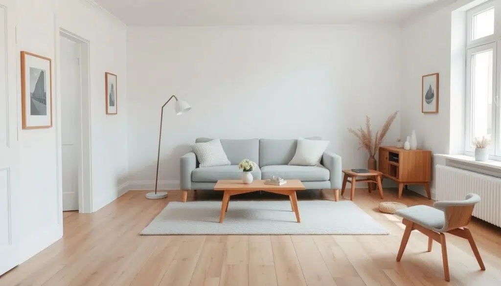 Scandinavische woonkamer met lichte kleuren, houten accenten en minimalistisch meubilair Scandinavische woonkamer met lichte kleuren, houten accenten en minimalistisch meubilair