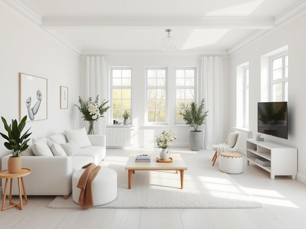 Scandinavische woonkamer met lichte wanden Scandinavische woonkamer met lichte wanden