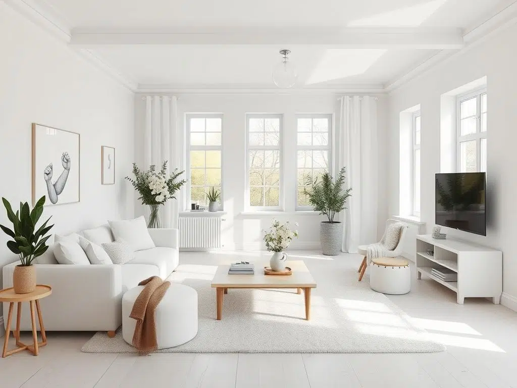 Scandinavische woonkamer met lichte wanden Scandinavische woonkamer met lichte wanden