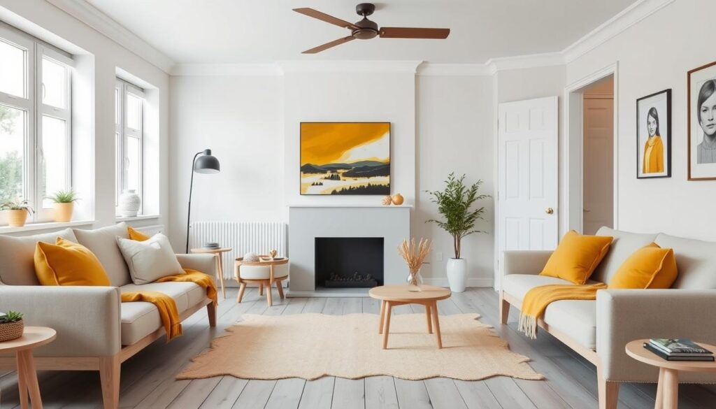 Scandinavische woonkamer met mosterdgeel als accentkleur in kussens en accessoires