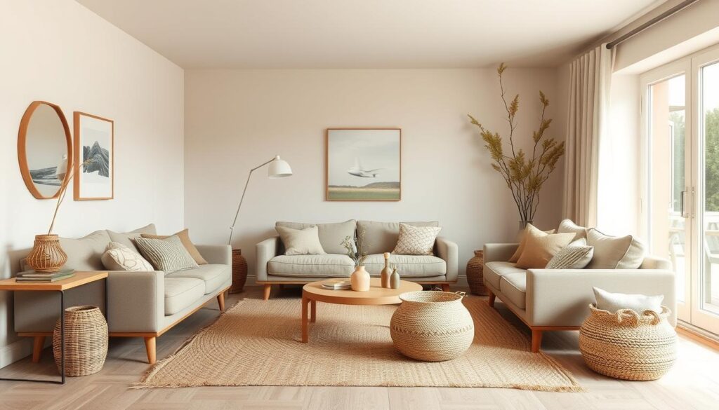 Scandinavische woonkamer met natuurlijke aardetinten zoals beige, taupe en zandkleuren