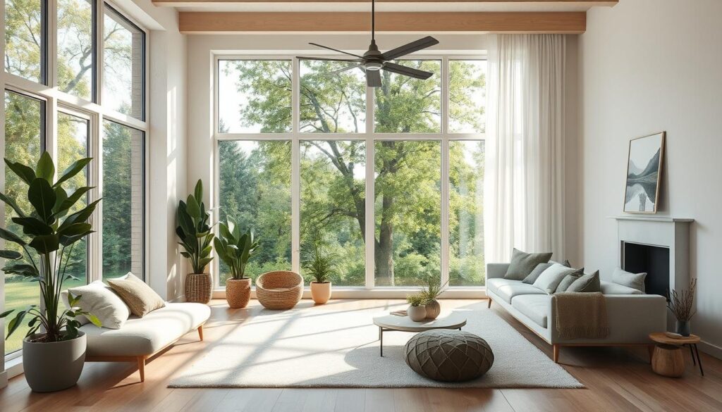 Scandinavische woonkamer met natuurlijke lichtinval en verbinding met de natuur