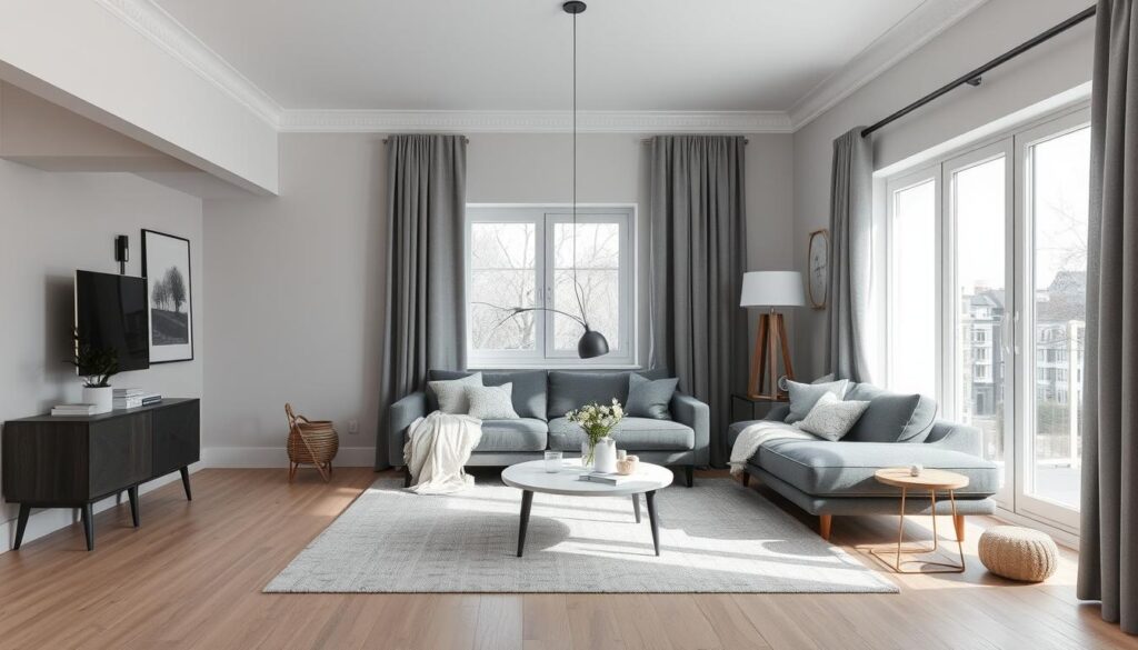 Scandinavische woonkamer met verschillende grijstinten voor diepte en contrast