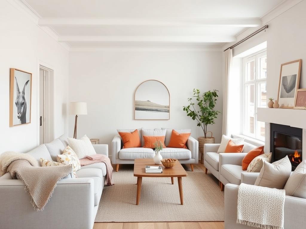 Scandinavische woonkamer met warme en koele kleuren in balans Scandinavische woonkamer met warme en koele kleuren in balans