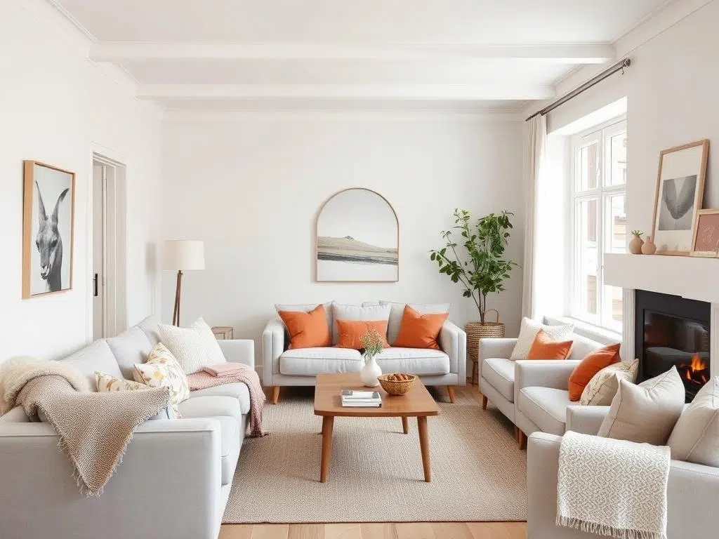 Scandinavische woonkamer met warme en koele kleuren in balans Scandinavische woonkamer met warme en koele kleuren in balans