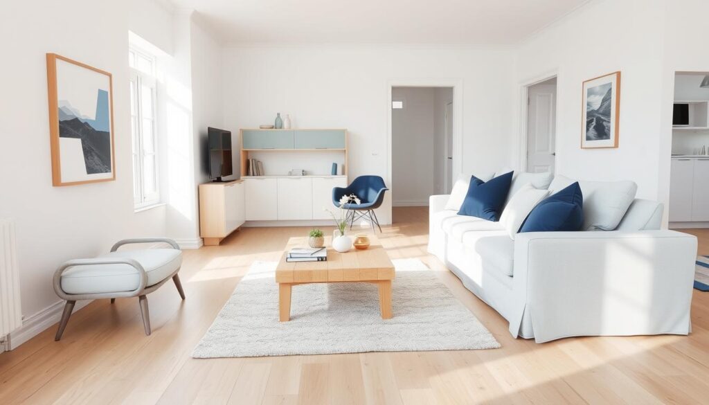 Scandinavische woonkamer met wit en donkerblauwe accenten Scandinavische woonkamer met wit en donkerblauwe accenten