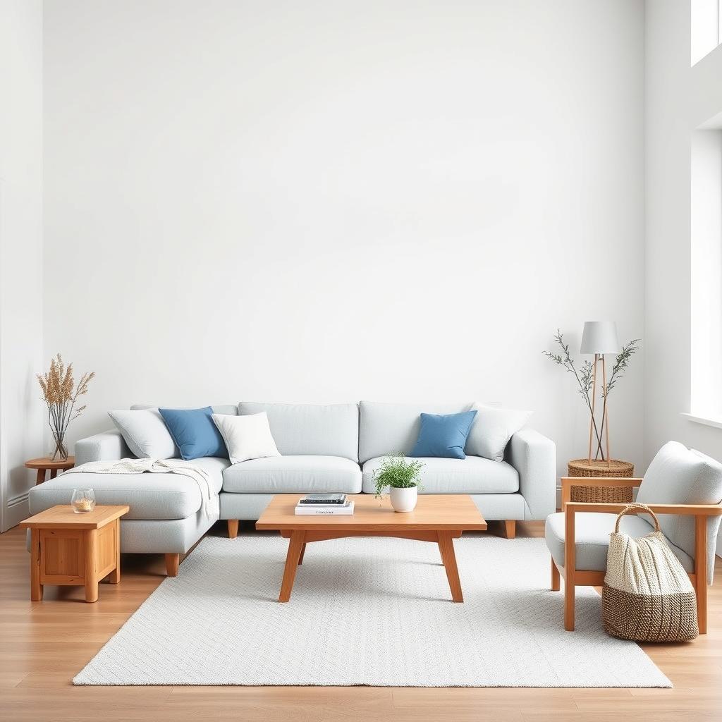 Scandinavische woonkamer met wit, grijs en houten accenten Scandinavische woonkamer met wit, grijs en houten accenten
